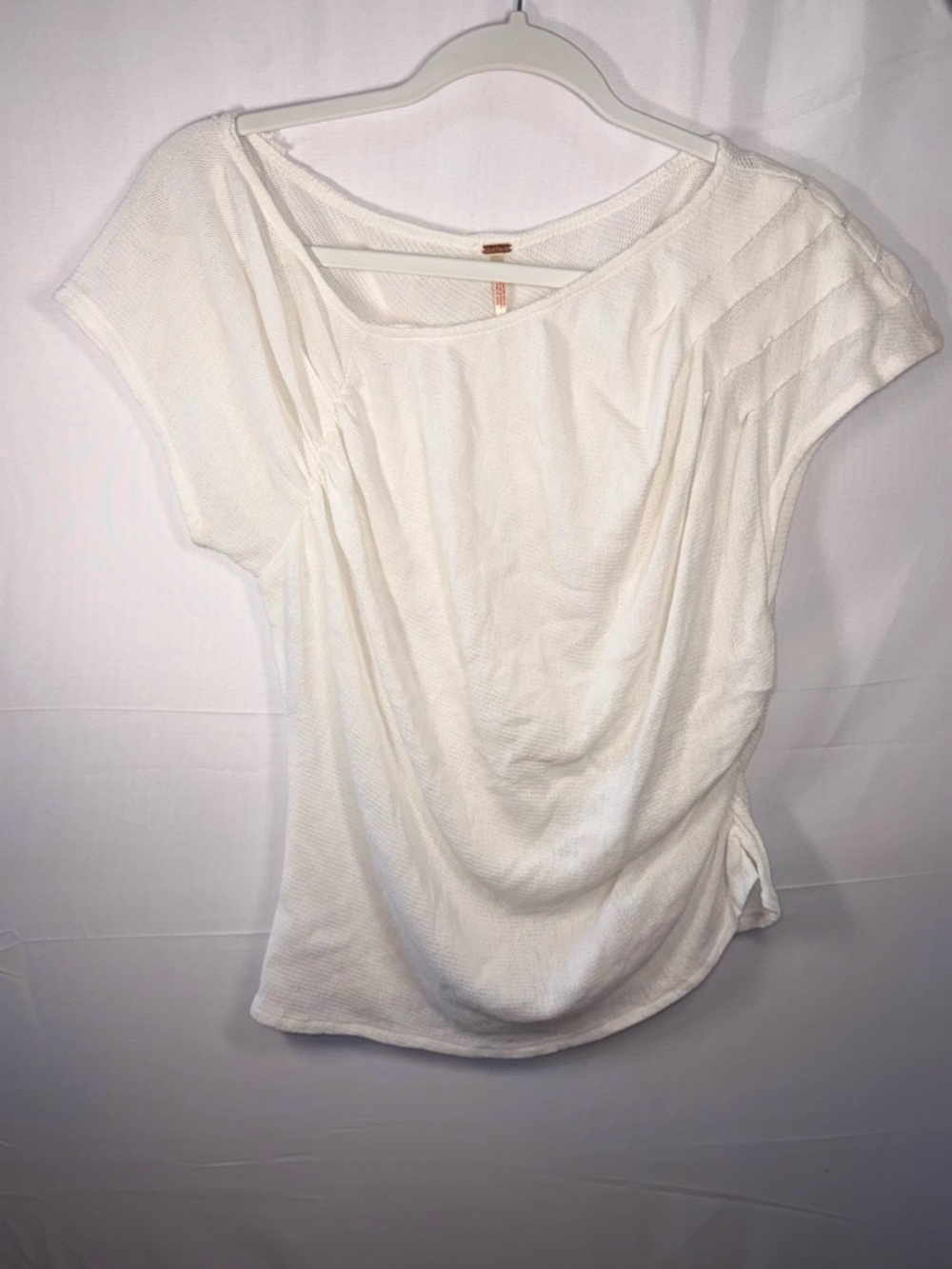 Free People Women White Draped Shoulder Short-Sleeve Ruched Knit Top Size Large